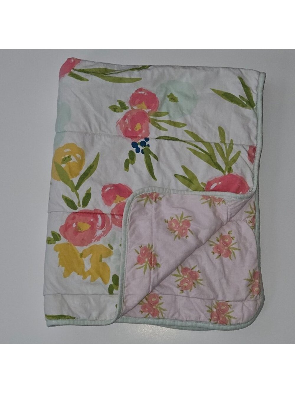 Cloud Island Baby Crib Blanket Reversible Pink Green Yellow Flowers Cotton